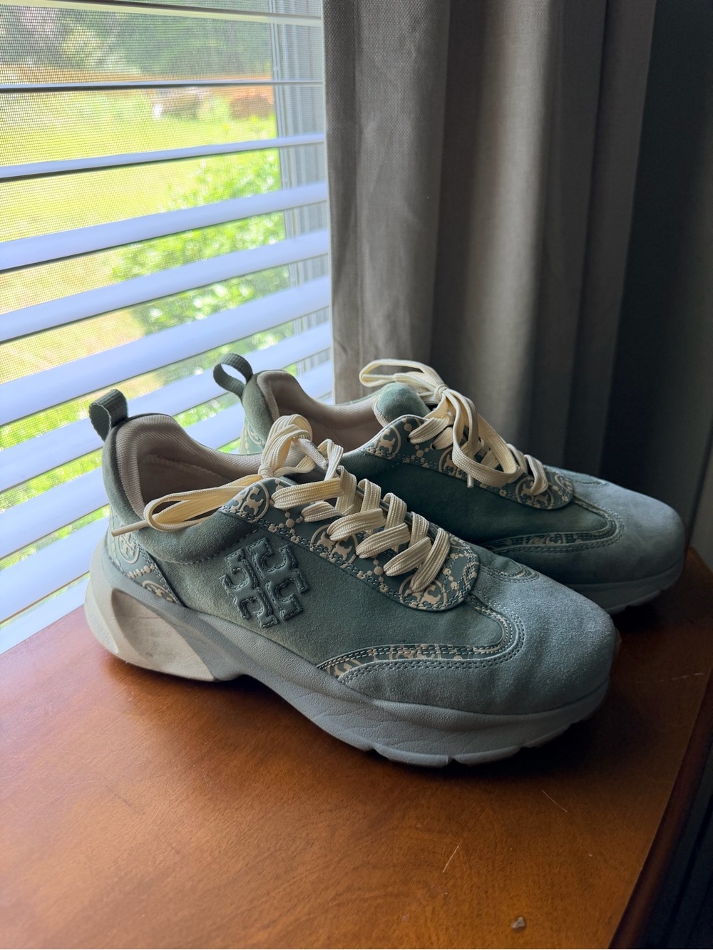 Tory Burch Sage Green Suede Platform Sneakers with Cream Accents